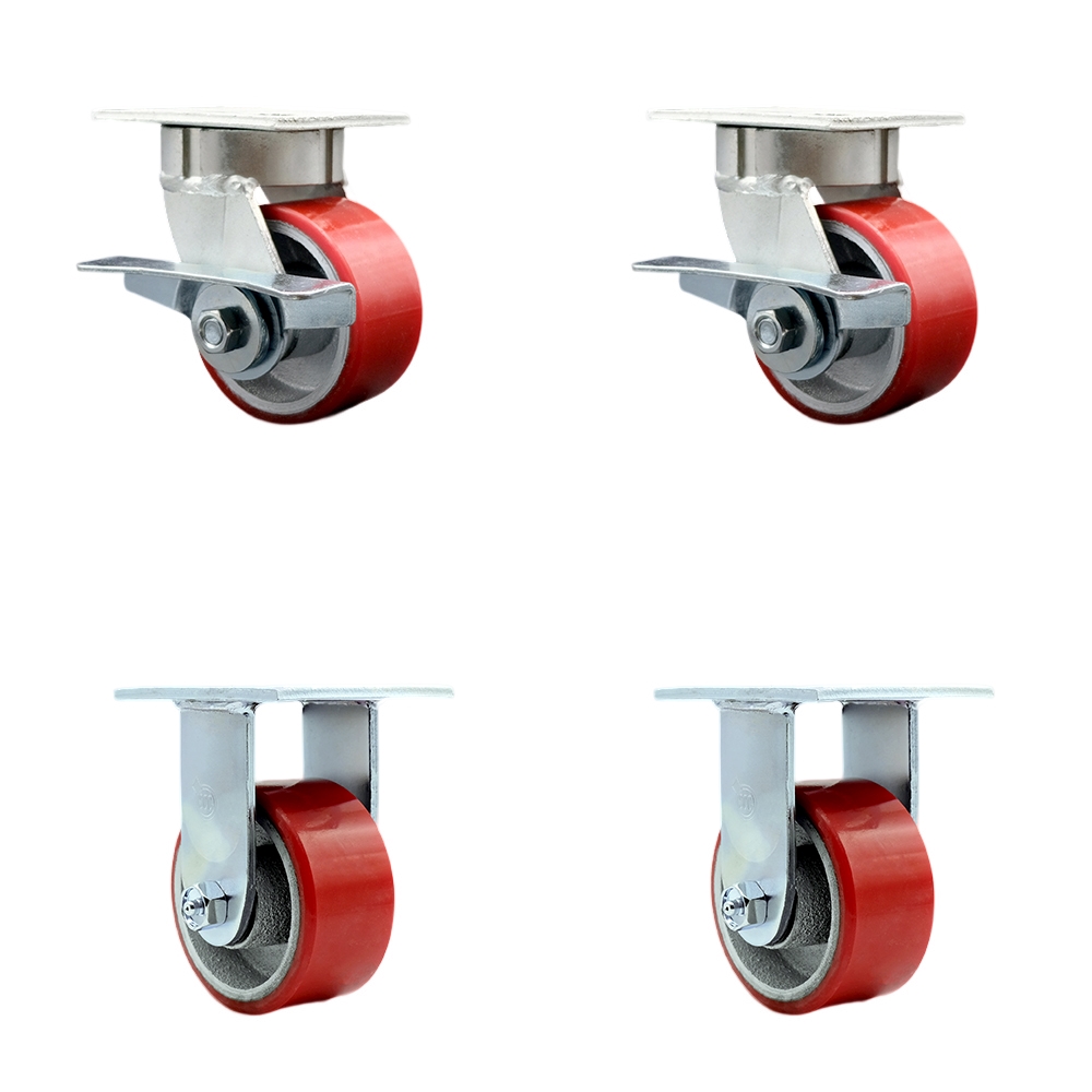 Kingpinless Polyurethane on Cast Iron Swivel Top Plate Caster Set of 4 w/4" x 2" Red Wheels - Includes 2 Swivel with Brakes & 2 Rigid - 2800 lbs Total Capacity - Service Caster Brand — photo 1