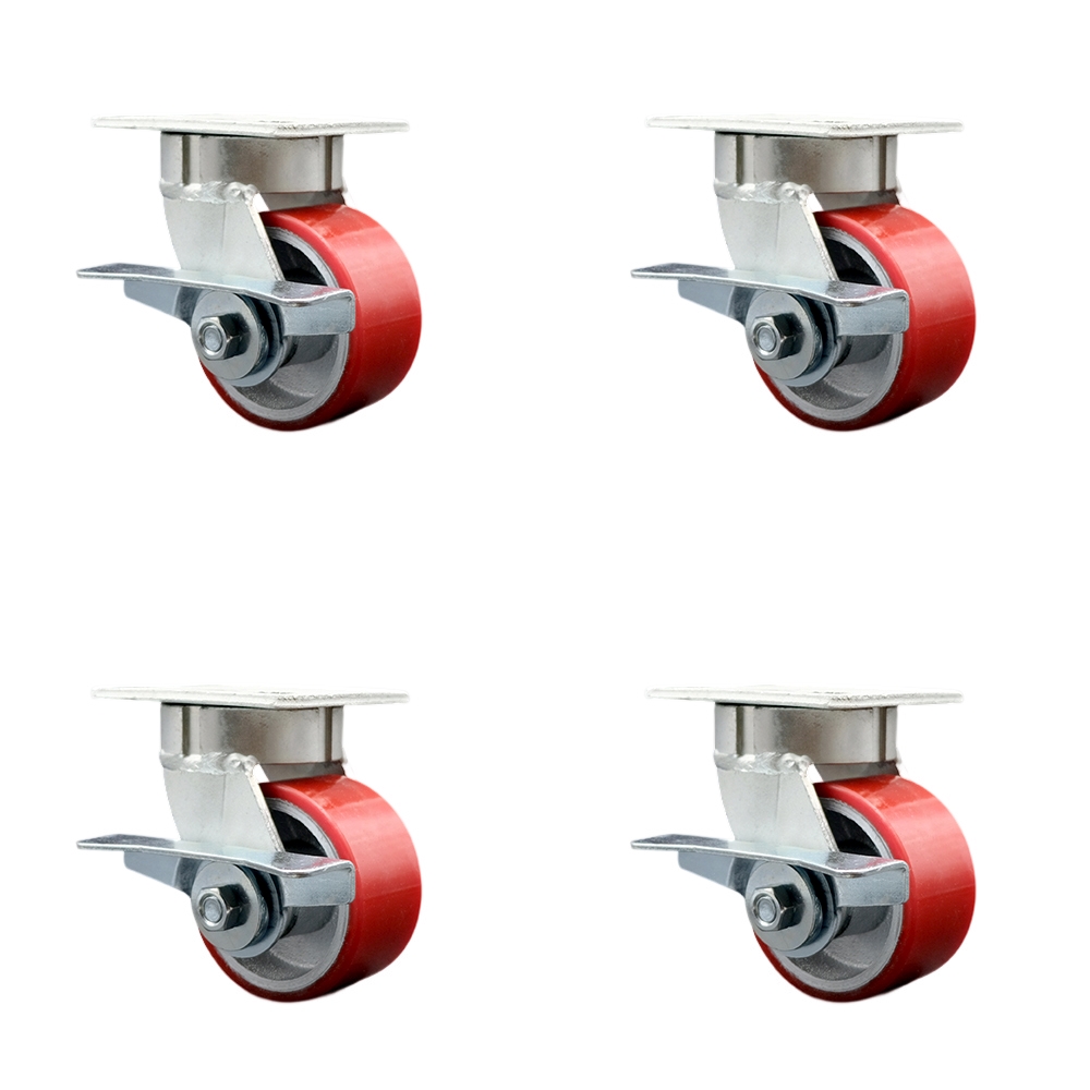Kingpinless Polyurethane on Cast Iron Swivel Top Plate Caster Set of 4 w/4" x 2" Red Wheels - Includes 4 Swivel w/Side Lck Brakes - 2800 lbs Total Capacity - Service Caster Brand — photo 1