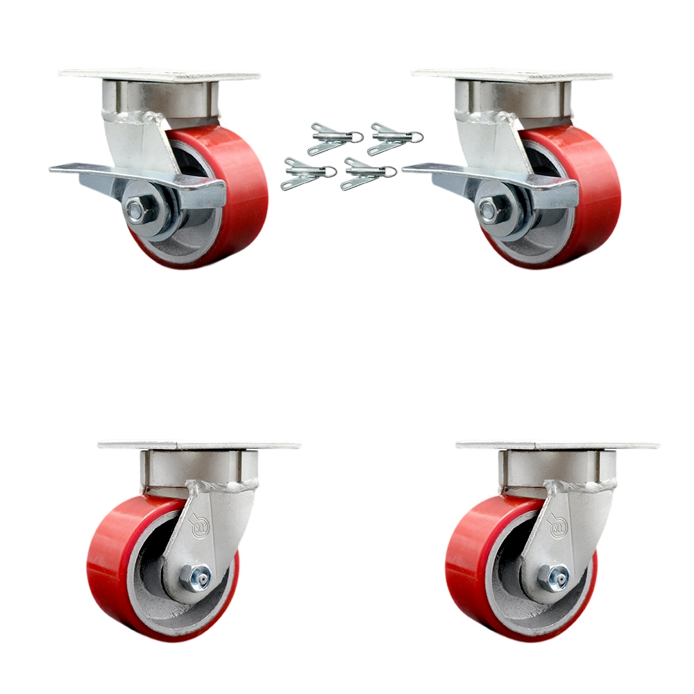 Heavy Duty Kingpinless Swivel Caster Set with 4 Inch Red Poly on Cast Iron Wheels and Ball Bearings-Include 2 Swivel with Brake&Bolt on Swivel Lock and 2 Swivel with Swivel Lock - Service Caster Brand — photo 1