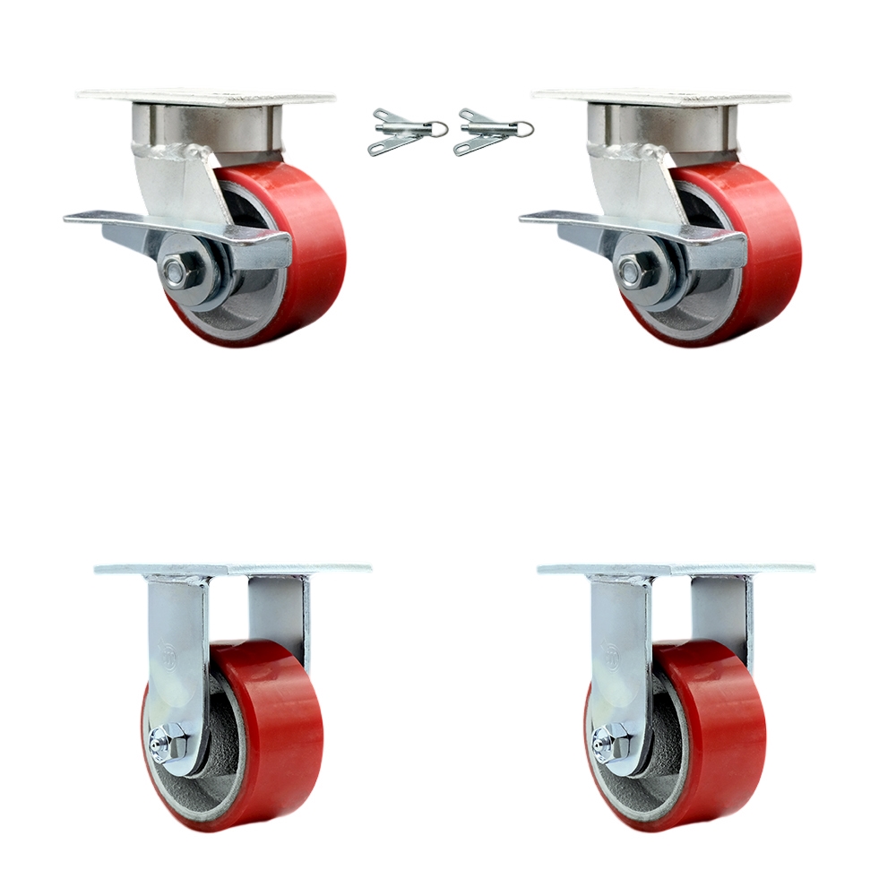 Kingpinless Polyurethane on Cast Iron Swivel Top Plate Caster Set of 4 w/4" x 2" Red Wheels- Includes 2 Swivel with Brakes and Bolt on Swivel Locks&2 Rigid-2800 lbs Total Capacity-Service Caster Brand — photo 1