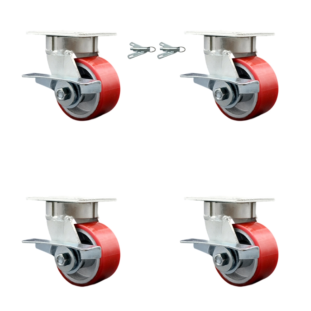 Kingpinless Poly on Cast Iron Swivel Top Plate Caster Set 4 w/4" x 2" Red Wheels-Includes 2 Swivel with Brakes and Bolt on Swivel Locks&2 Swivel with Brakes-2800 lbs Total Cpty - Service Caster Brand — photo 1