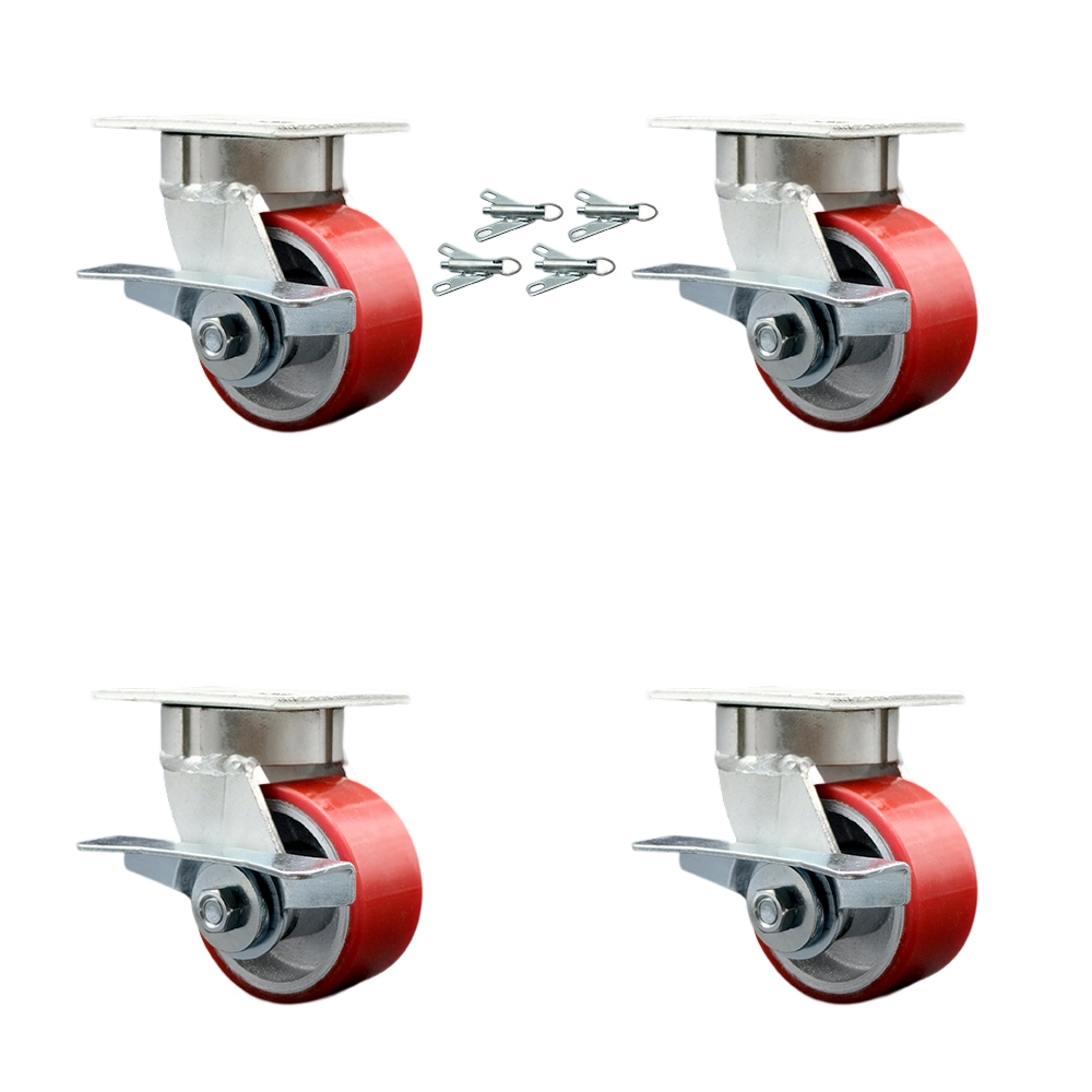 Kingpinless Polyurethane on Cast Iron Swivel Top Plate Caster Set of 4 w/4" x 2" Red Wheels - Includes 4 Swivel w/Side Lck Brakes & Bolt on Swivel Locks - 2800lbs Total Capacity - Service Caster Brand — photo 1