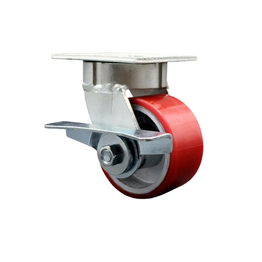 Kingpinless Polyurethane on Cast Iron Swivel Top Plate Caster w/4" x 2" Red Wheel & Side Lck Brake - 700 lbs Capacity/Caster - Service Caster Brand — photo 1