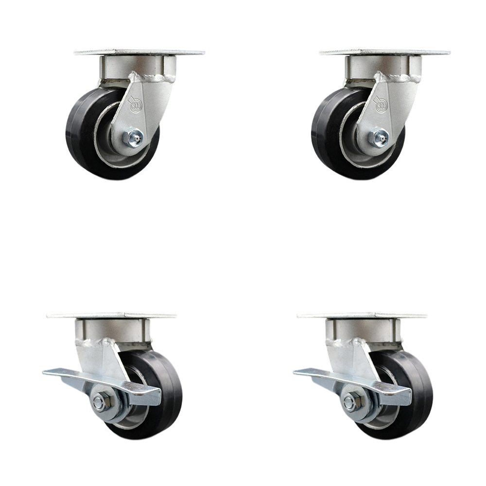 Heavy Duty Kingpinless Swivel Caster Set of 4 with 4 Inch Rubber on Aluminum Wheels and Ball Bearings -Includes 2 Swivel with Brakes and 2 Swivel - 1,600 lbs. Total Capacity - Service Caster Brand — photo 1
