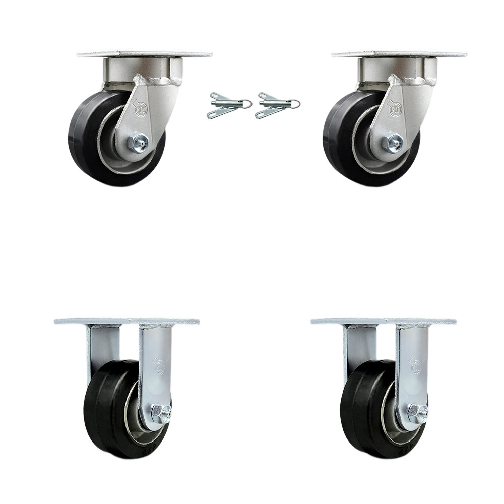 Kingpinless Rubber on Aluminum Swivel Top Plate Caster Set of 4 w/4" x 2" Black Wheels - Includes 2 Swivel with Bolt on Swivel Locks & 2 Rigid - 1600 lbs Total Capacity - Service Caster Brand — photo 1