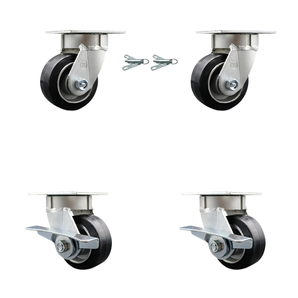 Heavy Duty Kingpinless Swivel Caster Set of 4 with 4 Inch Rubber on Aluminum Wheels and Ball Bearings - Includes 2 Swivel with Bolt on Swivel Locks and 2 Swivel with Brakes - Service Caster Brand — photo 1