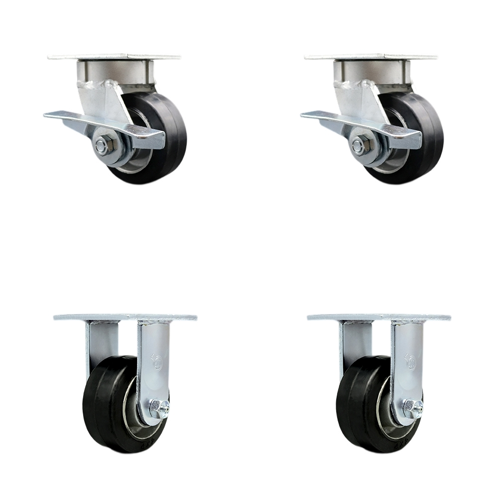 Heavy Duty Kingpinless Swivel Caster Set of 4 with 4 Inch Rubber on Aluminum Wheels and Ball Bearings - Includes 2 Swivel with Brakes and 2 Rigid - 1,600 lbs. Total Capacity - Service Caster Brand — photo 1