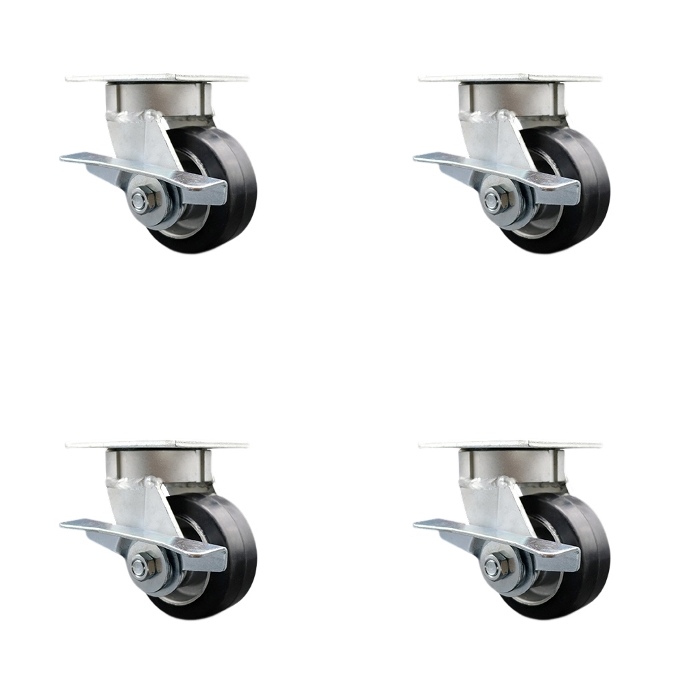 Heavy Duty Kingpinless Swivel Caster Set of 4 with 4 Inch Rubber on Aluminum Wheels and Ball Bearings - Includes 4 Swivel with Side Lock Brakes - 1,600 lbs. Total Capacity - Service Caster Brand — photo 1