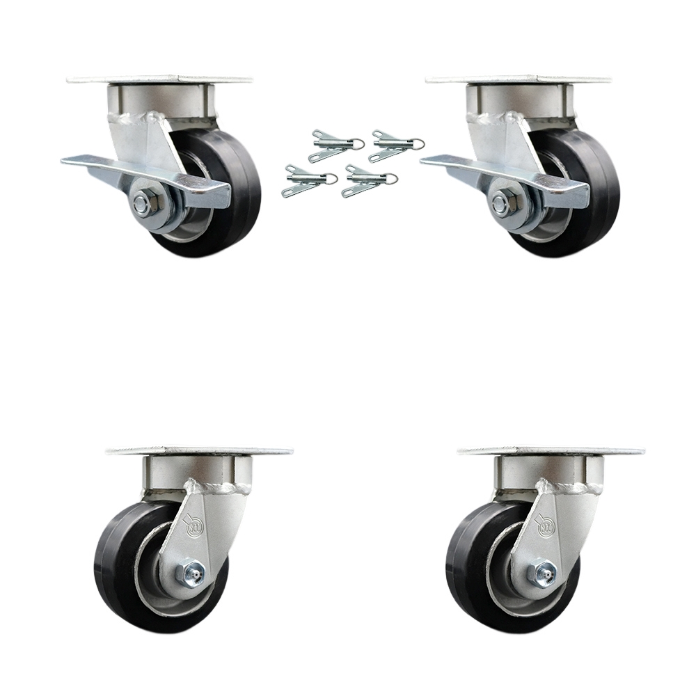 Heavy Duty Kingpinless Swivel Caster Set with 4 Inch Rubber on Aluminum Wheels and Ball Bearings-Includes 2 Swivel with Brake and Bolt on Swivel Lock and 2 Swivel with Swivel Lock-Service Caster Brand — photo 1
