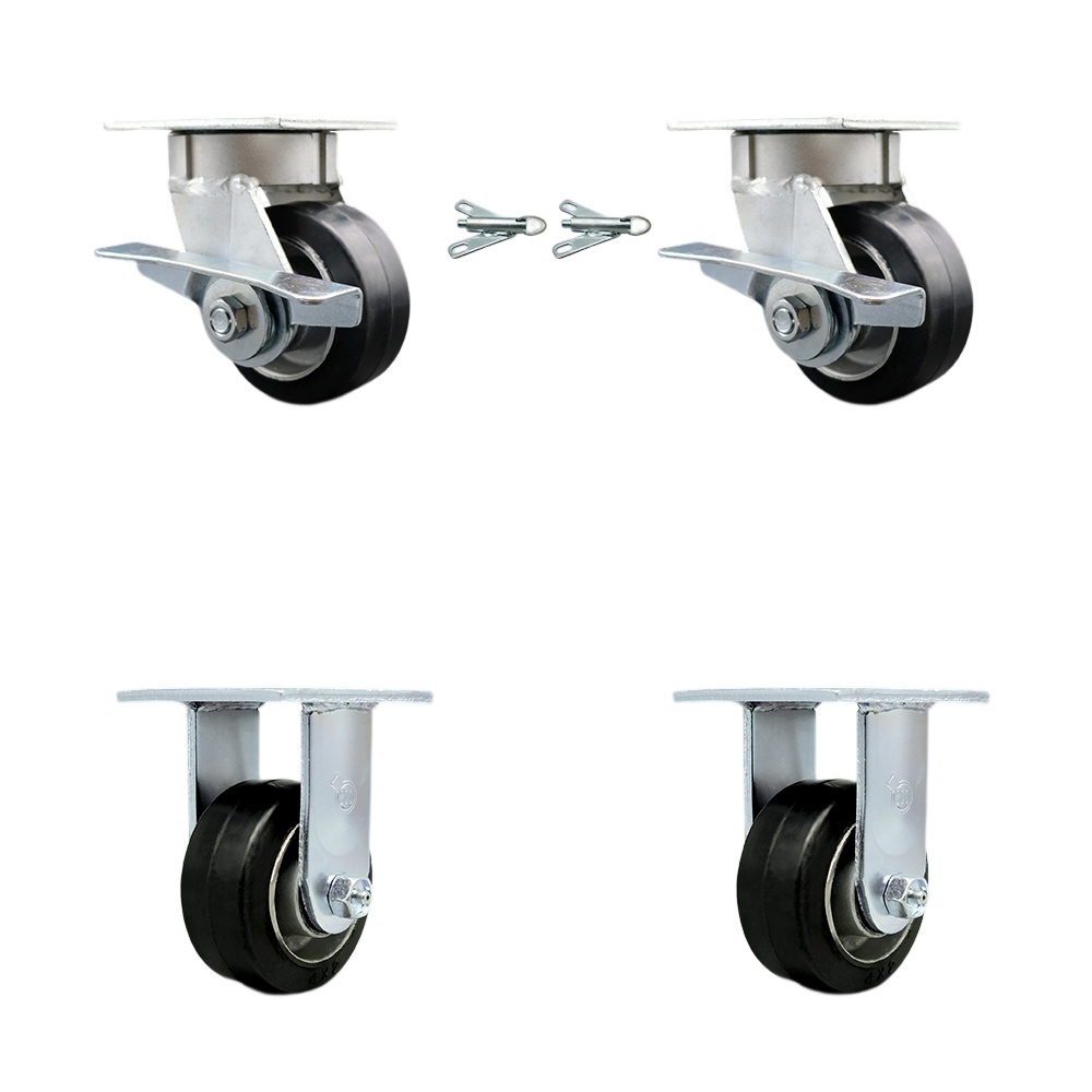 Heavy Duty Kingpinless Swivel Caster Set of 4 with 4 Inch Rubber on Aluminum Wheels and Ball Bearings - Includes 2 Swivel with Brakes and Bolt on Swivel Locks and 2 Rigid - Service Caster Brand — photo 1