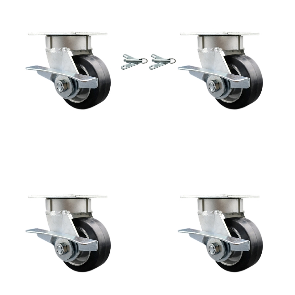 Kingpinless Rubber on Aluminum Swivel Top Plate Caster Set 4 w/4" x 2" Black Wheels-Includes 2 Swivel with Brakes and Bolt on Swivel Locks&2 Swivel with Brakes-1600 lbs Total Cpty-Service Caster Brand — photo 1