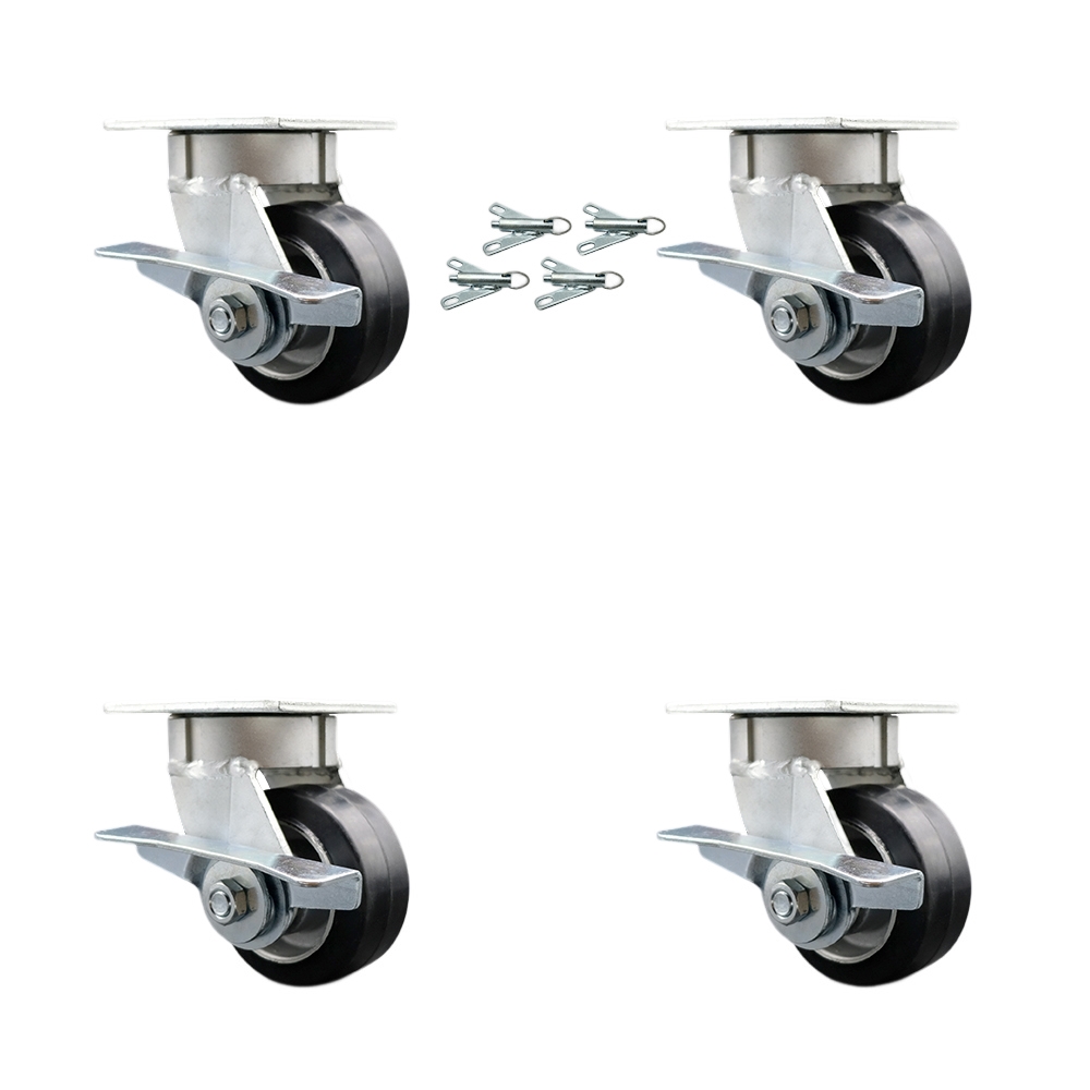 Heavy Duty Kingpinless Swivel Caster Set of 4 with 4 Inch Rubber on Aluminum Wheels and Ball Bearings - Includes 4 Swivel with Side Lock Brakes and Bolt on Swivel Locks - Service Caster Brand — photo 1