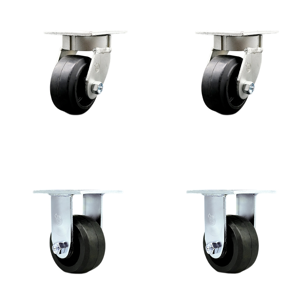 Kingpinless Rubber on Cast Iron Swivel Top Plate Caster Set of 4 w/4" x 2" Black Wheels - Includes 2 Swivel & 2 Rigid - 1600 lbs Total Capacity - Service Caster Brand — photo 1