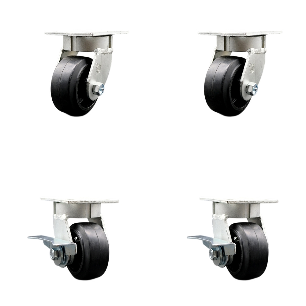 Kingpinless Rubber on Cast Iron Swivel Top Plate Caster Set of 4 w/4" x 2" Black Wheels - Includes 2 Swivel with Brakes & 2 Swivel - 1600 lbs Total Capacity - Service Caster Brand — photo 1