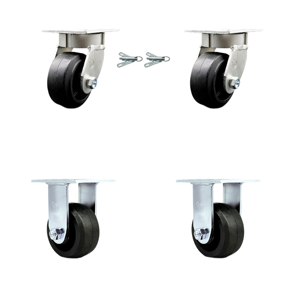 Kingpinless Rubber on Cast Iron Swivel Top Plate Caster Set of 4 w/4" x 2" Black Wheels - Includes 2 Swivel with Bolt on Swivel Locks & 2 Rigid - 1600 lbs Total Capacity - Service Caster Brand — photo 1