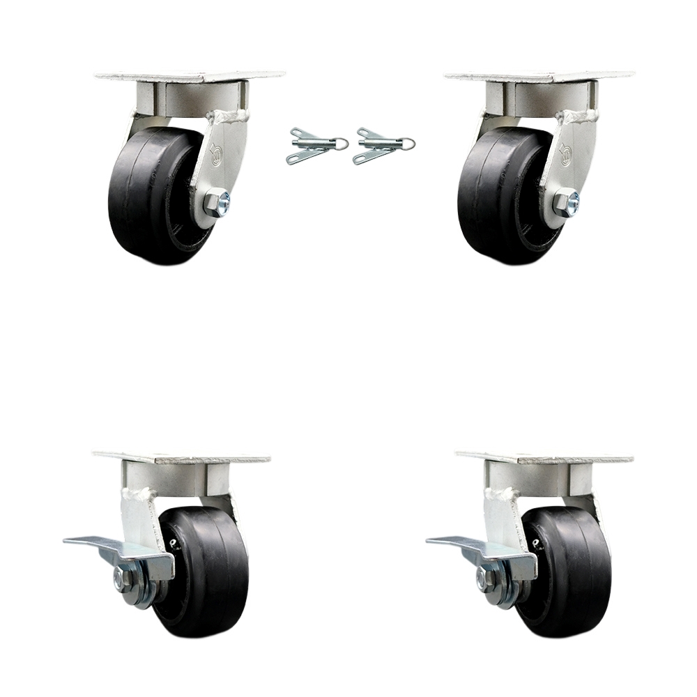 Heavy Duty Kingpinless Swivel Caster Set of 4 with 4 Inch Rubber on Cast Iron Wheels and Ball Bearings - Includes 2 Swivel with Bolt on Swivel Locks and 2 Swivel with Brakes - Service Caster Brand — photo 1
