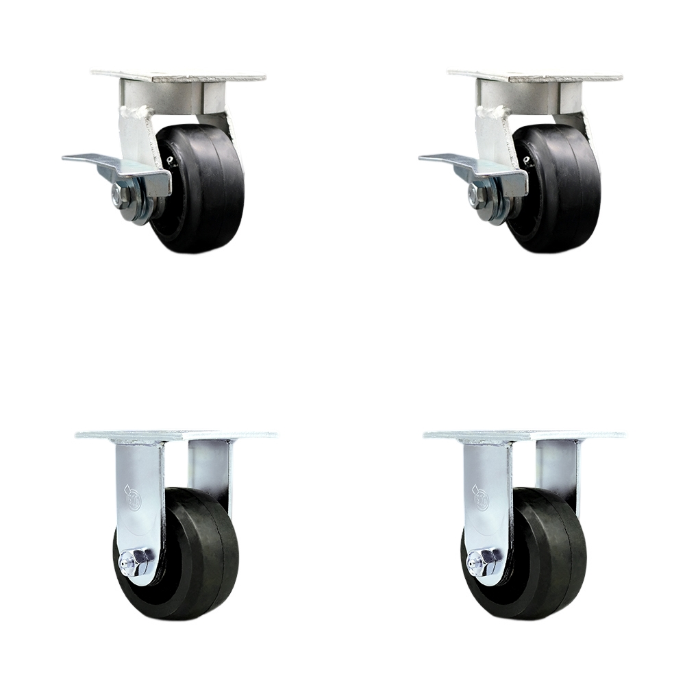 Heavy Duty Kingpinless Swivel Caster Set of 4 with 4 Inch Rubber on Cast Iron Wheels and Ball Bearings - Includes 2 Swivel with Brakes and 2 Rigid - 1,600 lbs. Total Capacity - Service Caster Brand — photo 1