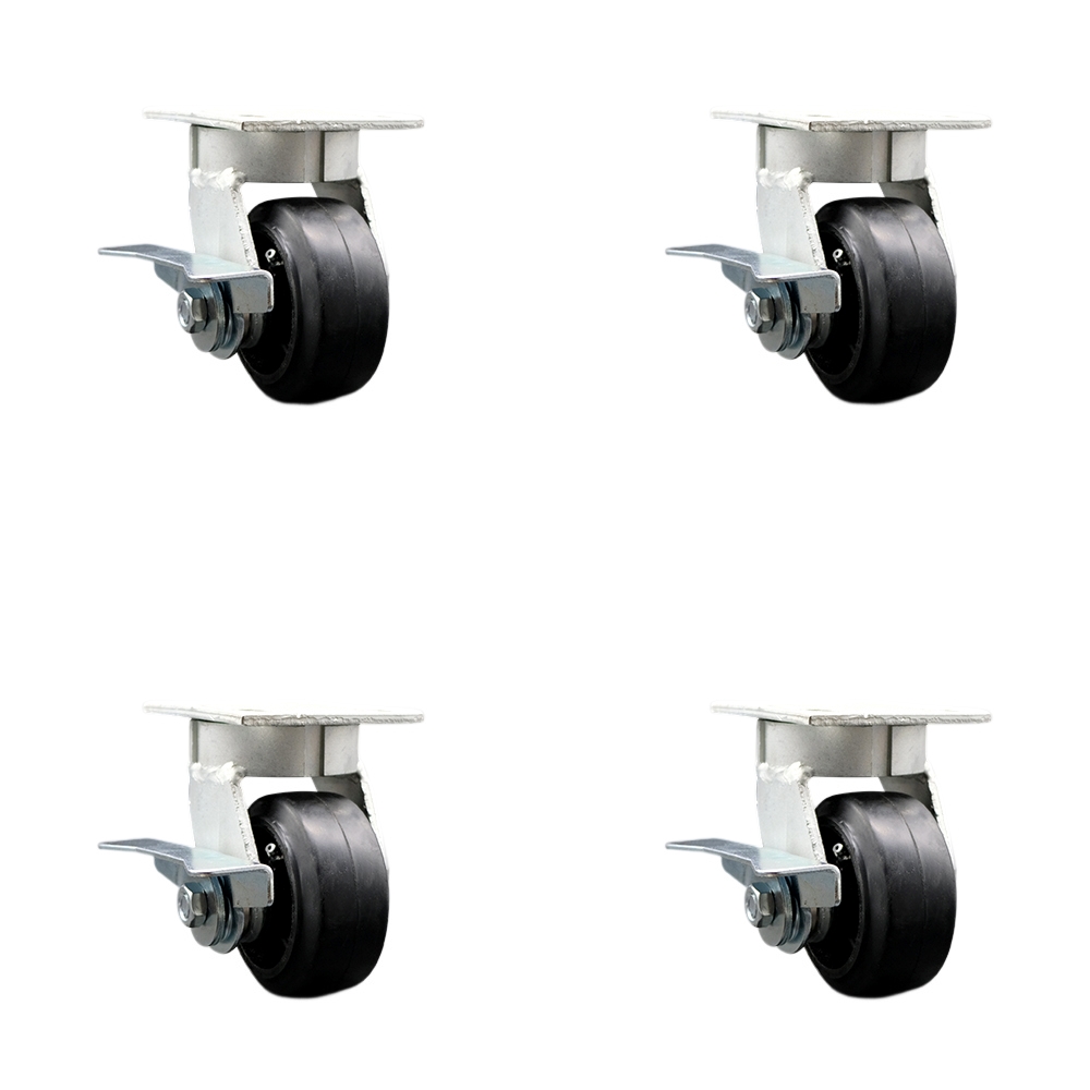 Heavy Duty Kingpinless Swivel Caster Set of 4 with 4 Inch Rubber on Cast Iron Wheels and Ball Bearings - Includes 4 Swivel with Side Lock Brakes - 1,600 lbs. Total Capacity - Service Caster Brand — photo 1