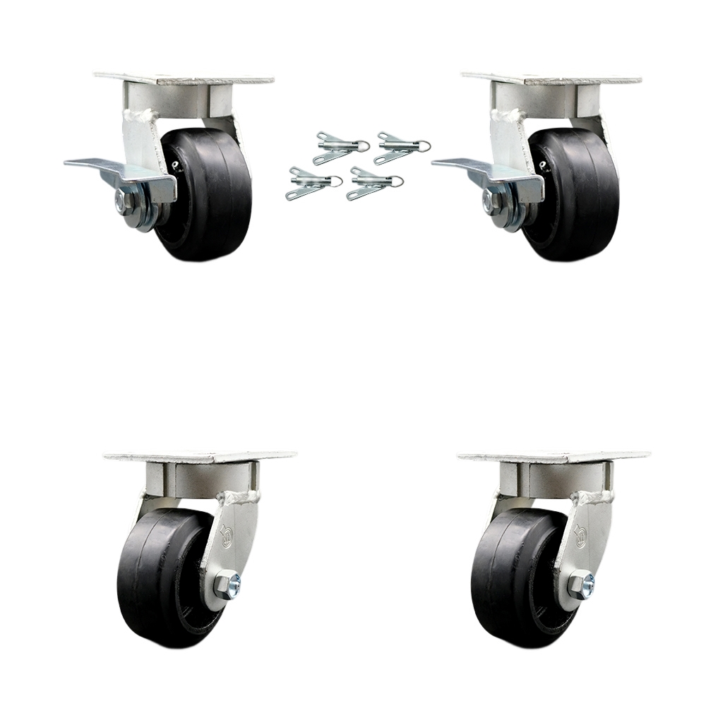 Heavy Duty Kingpinless Swivel Caster Set with 4 Inch Rubber on Cast Iron Wheels and Ball Bearings-Include 2 Swivel with Brake and Bolt on Swivel Lock and 2 Swivel with Swivel Lock-Service Caster Brand — photo 1