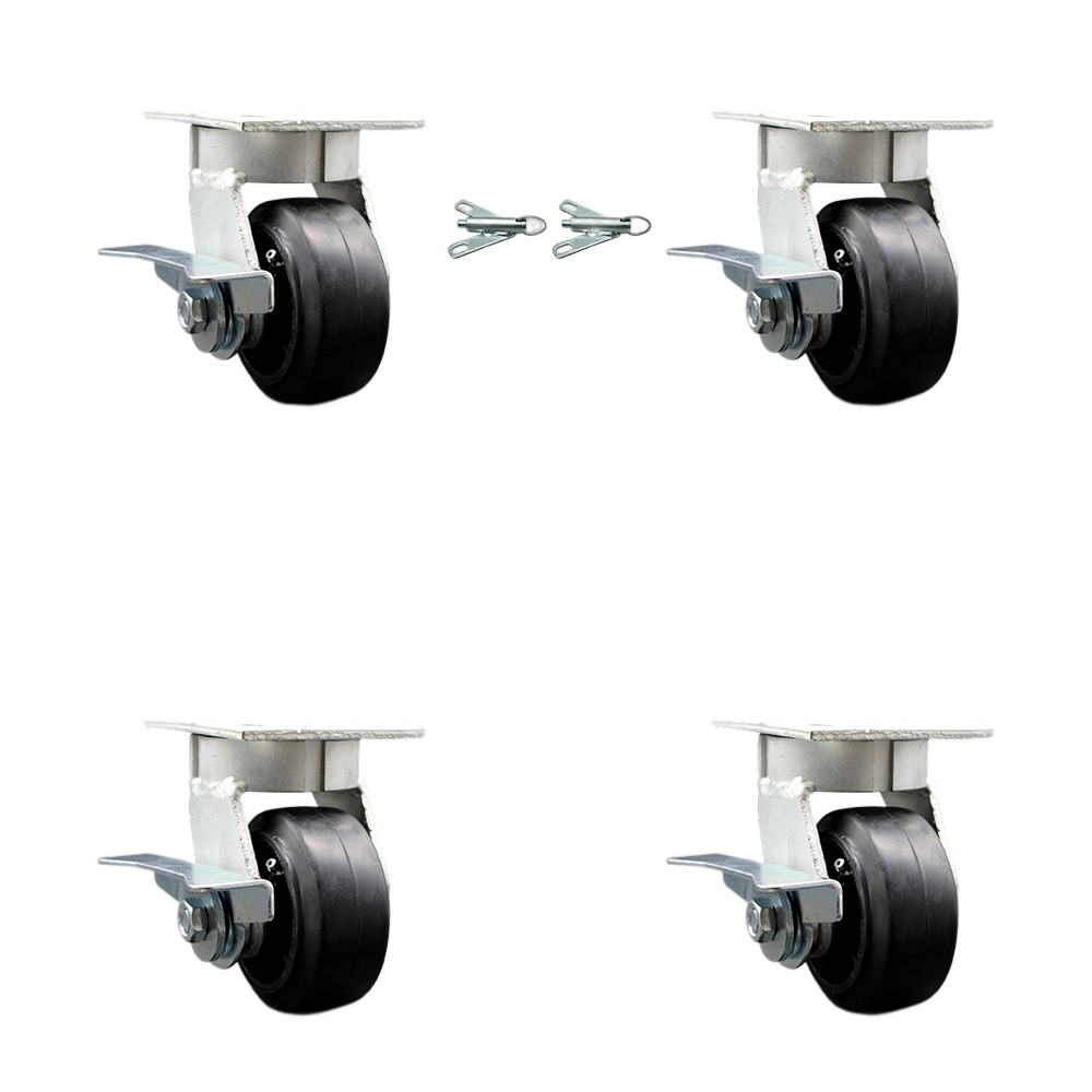 Heavy Duty Kingpinless Swivel Caster Set of 4 with 4 Inch Rubber on Cast Iron Wheels and Ball Bearings-Includes 2 Swivel with Brake and Bolt on Swivel Lock and 2 Swivel with Brake-Service Caster Brand — photo 1