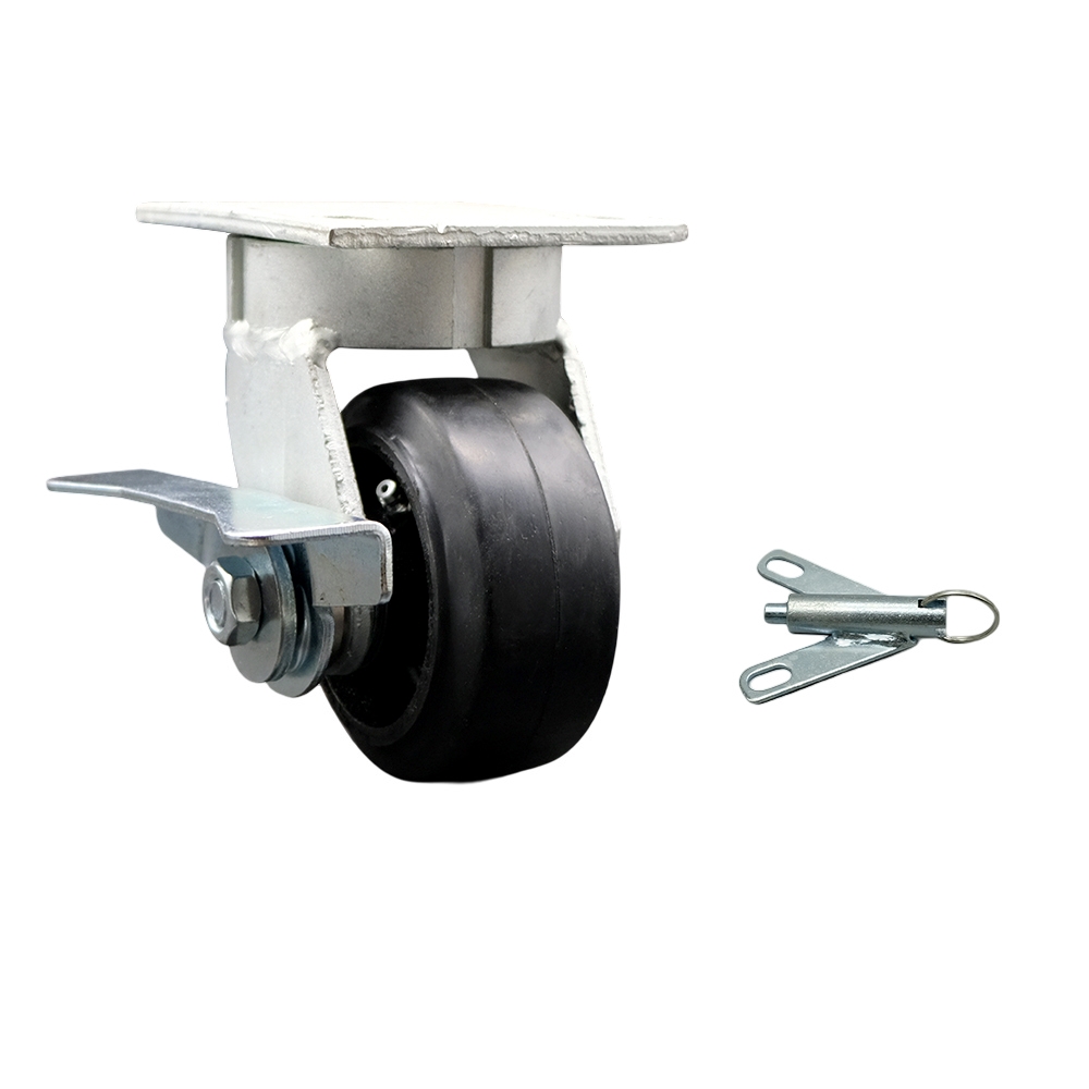 Heavy Duty Kingpinless Swivel Top Plate Caster with Side Lock Brake and Bolt on Swivel Lock and 4 Inch Rubber on Cast Iron Wheel with Ball Bearings - 400 lbs. Capacity/Caster - Service Caster Brand — photo 1