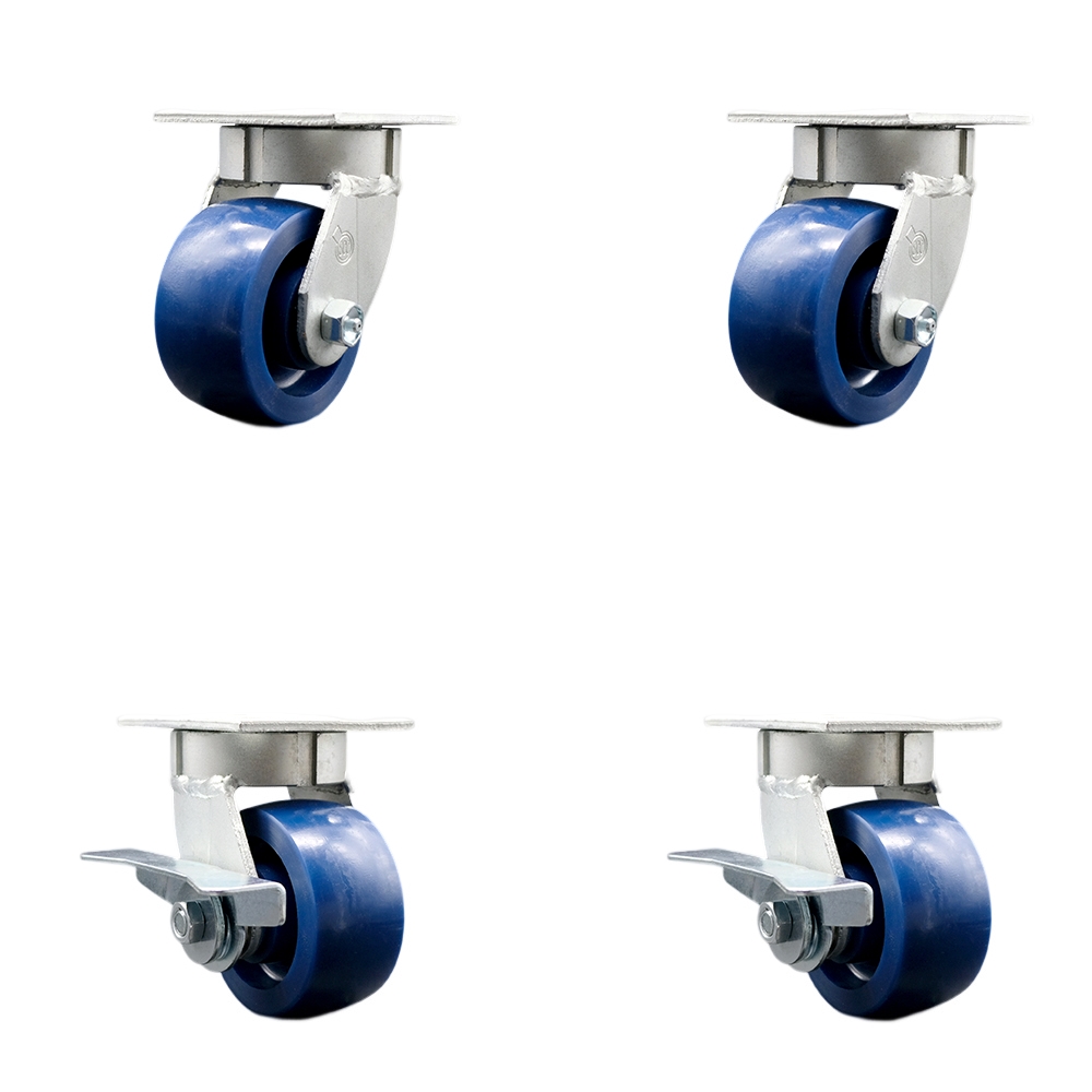 Heavy Duty Kingpinless Swivel Caster Set of 4 with 4 Inch Solid Polyurethane Wheels and Ball Bearings - Includes 2 Swivel with Brakes and 2 Swivel - 2,800 lbs. Total Capacity - Service Caster Brand — photo 1