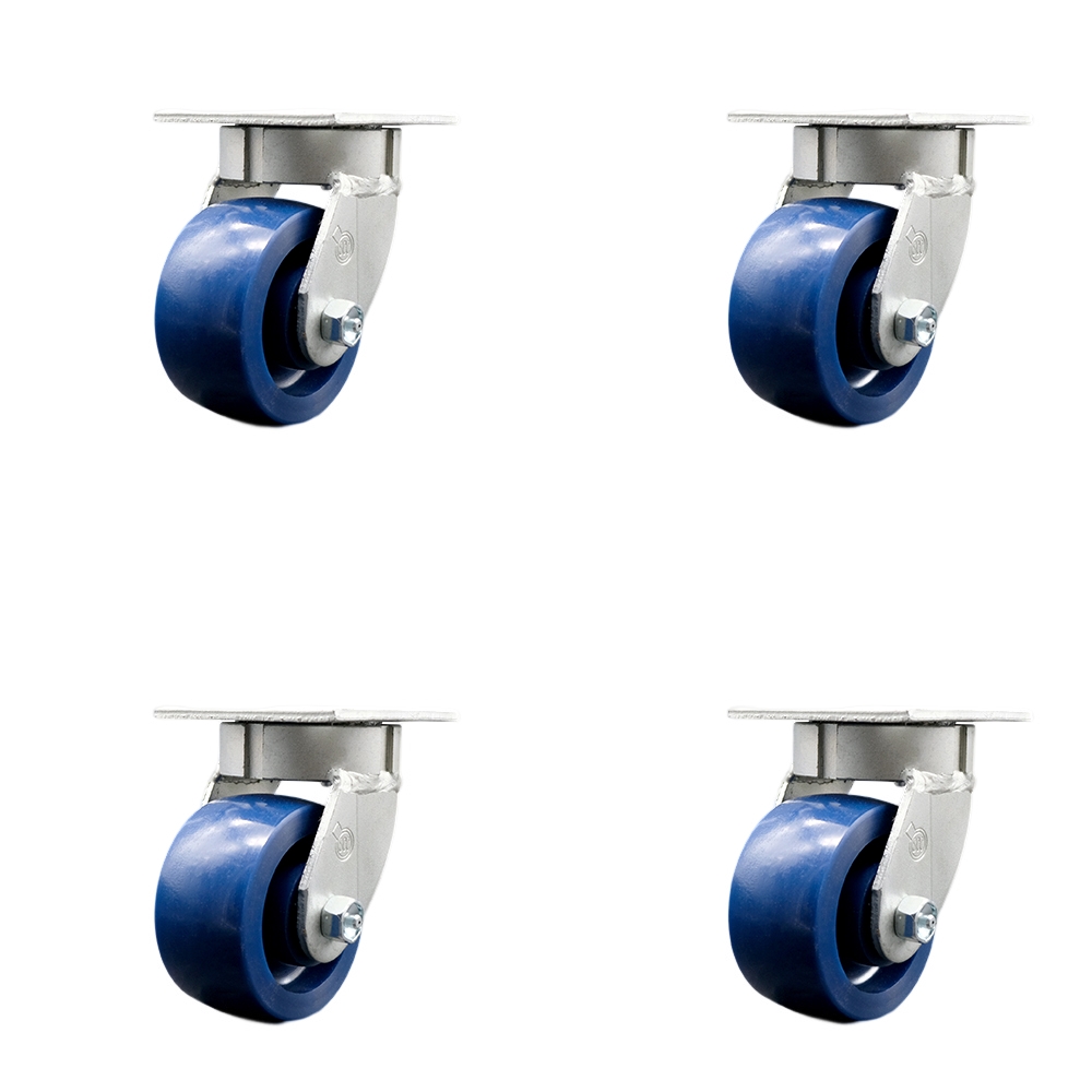 Kingpinless Solid Polyurethane Swivel Top Plate Caster Set of 4 w/4" x 2" Blue Wheels - Includes 4 Swivel - 2800 lbs Total Capacity - Service Caster Brand — photo 1