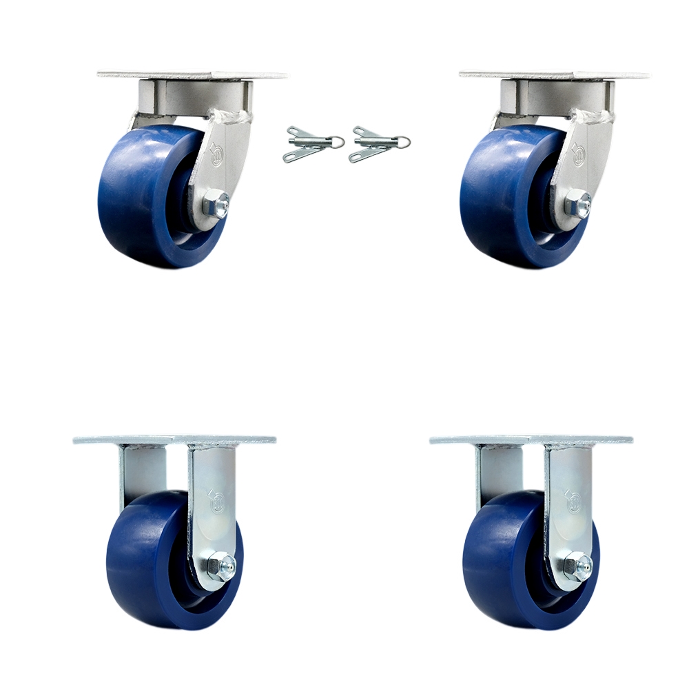 Kingpinless Solid Polyurethane Swivel Top Plate Caster Set of 4 w/4" x 2" Blue Wheels - Includes 2 Swivel with Bolt on Swivel Locks & 2 Rigid - 2800 lbs Total Capacity - Service Caster Brand — photo 1