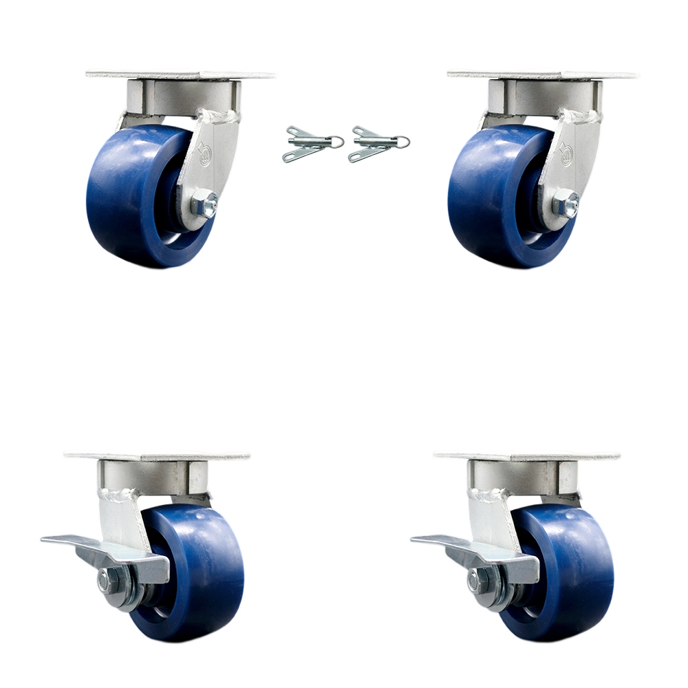 Kingpinless Solid Polyurethane Swivel Top Plate Caster Set of 4 w/4" x 2" Blue Wheels - Includes 2 Swivel with Bolt on Swivel Locks&2 Swivel with Brakes-2800 lbs Total Capacity - Service Caster Brand — photo 1