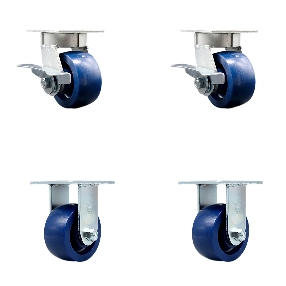 Heavy Duty Kingpinless Swivel Caster Set of 4 with 4 Inch Solid Polyurethane Wheels and Ball Bearings - Includes 2 Swivel with Brakes and 2 Rigid - 2,800 lbs. Total Capacity - Service Caster Brand — photo 1