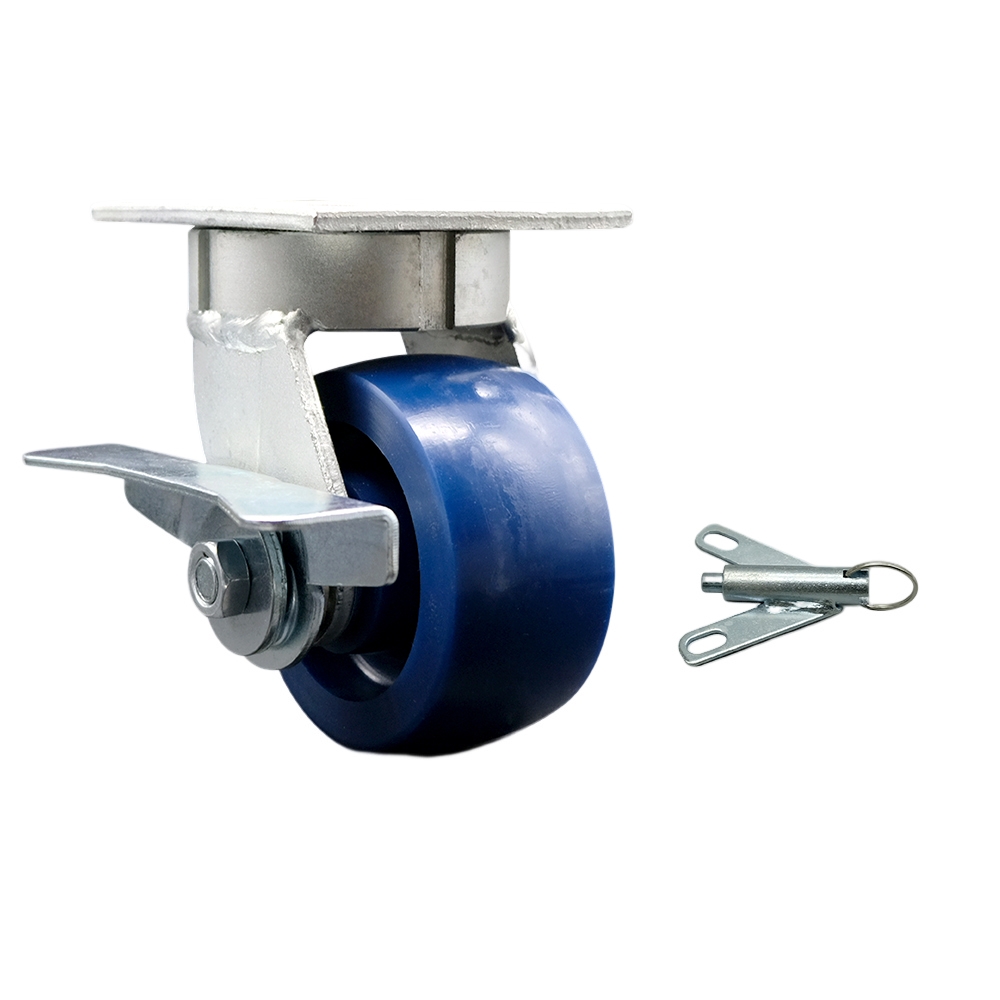 Kingpinless Solid Polyurethane Swivel Top Plate Caster w/4" x 2" Blue Wheel & Side Lck Brake and Bolt on Swivel Lock - 700 lbs Capacity/Caster - Service Caster Brand — photo 1