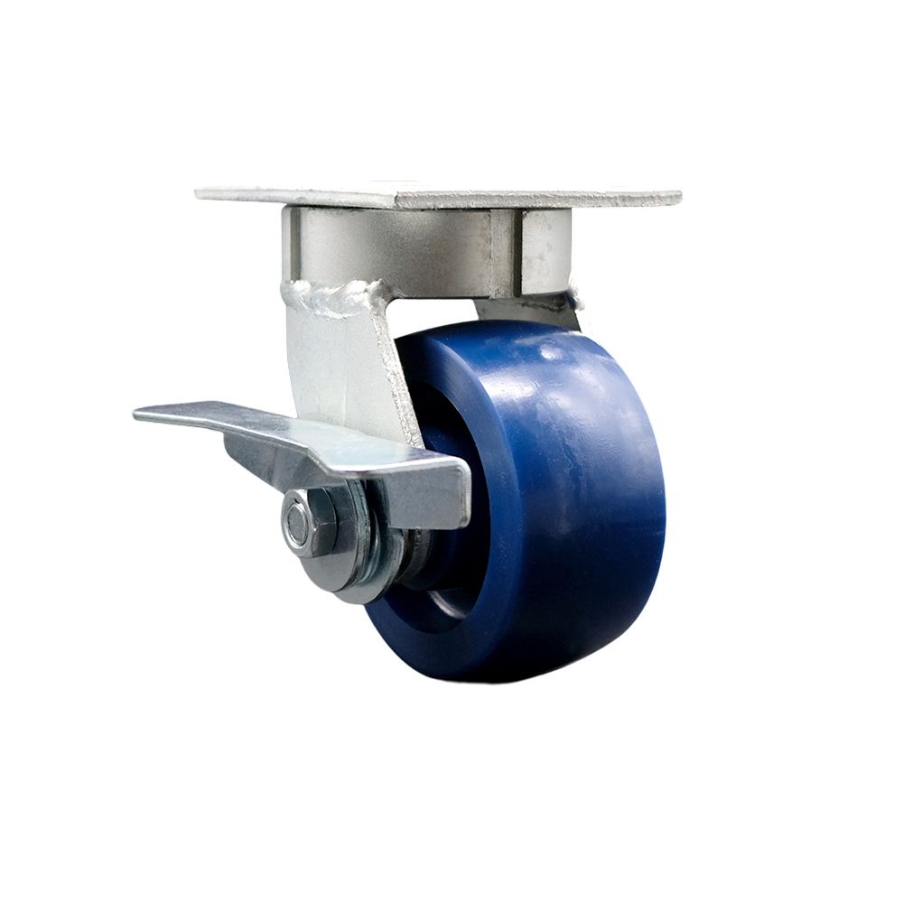 Kingpinless Solid Polyurethane Swivel Top Plate Caster w/4" x 2" Blue Wheel & Side Lck Brake - 700 lbs Capacity/Caster - Service Caster Brand — photo 1