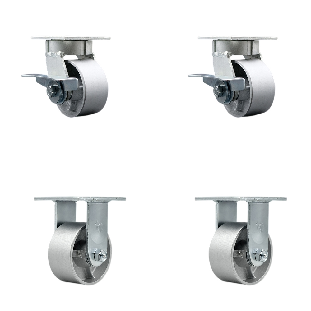 Heavy Duty Kingpinless Swivel Caster Set of 4 with 4 Inch Semi Steel Cast Iron Wheels and Ball Bearings - Includes 2 Swivel with Brakes and 2 Rigid - 4,000 lbs. Total Capacity - Service Caster Brand — photo 1