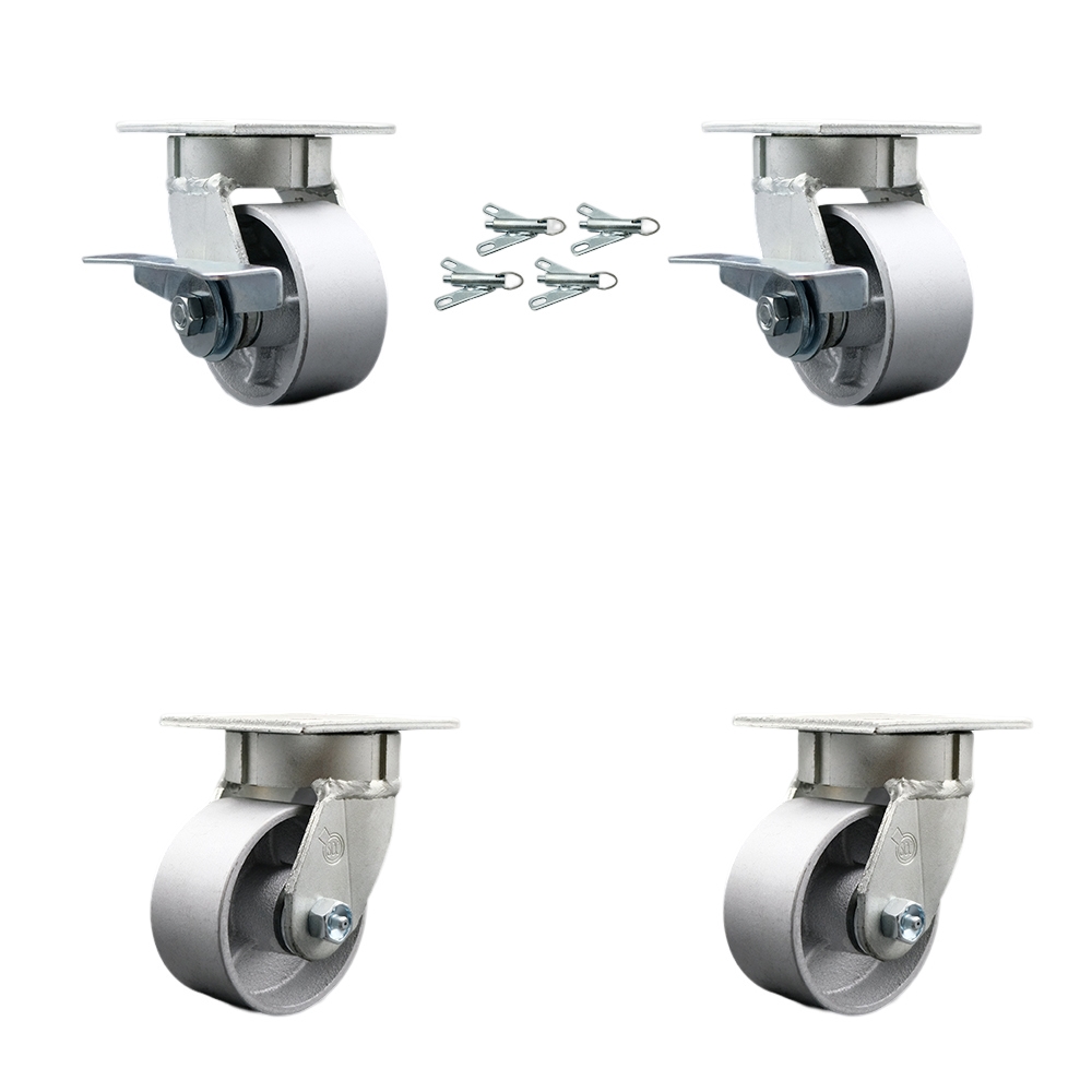 Kingpinless Semi Steel Cast Iron Swivel Top Plate Caster Set 4 w/4" x 2" Silver Wheels-Includes 2 Swvl w/Brakes and Bolt on Swvl Lcks&2 Swvl w/Bolt on Swvl Lcks-4000lbs Total Cpty-Service Caster Brand — photo 1