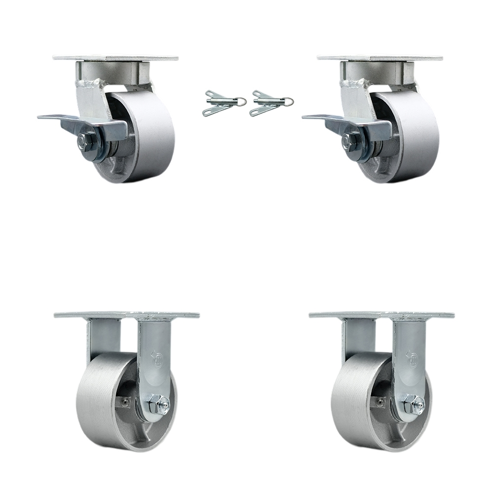 Heavy Duty Kingpinless Swivel Caster Set of 4 with 4 Inch Semi Steel Cast Iron Wheels and Bronze Bearings - Includes 2 Swivel with Brakes and Bolt on Swivel Locks and 2 Rigid - Service Caster Brand — photo 1