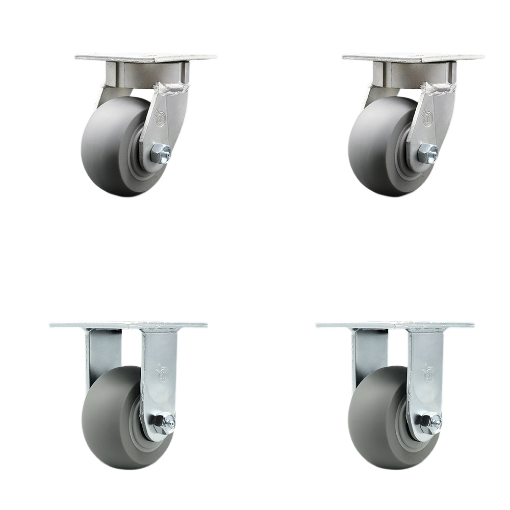 Kingpinless Thermo Rubber Donut Tread Swivel Top Plate Caster Set of 4 w/4" x 2" Gray Wheels - Includes 2 Swivel & 2 Rigid - 1200 lbs Total Capacity - Service Caster Brand — photo 1