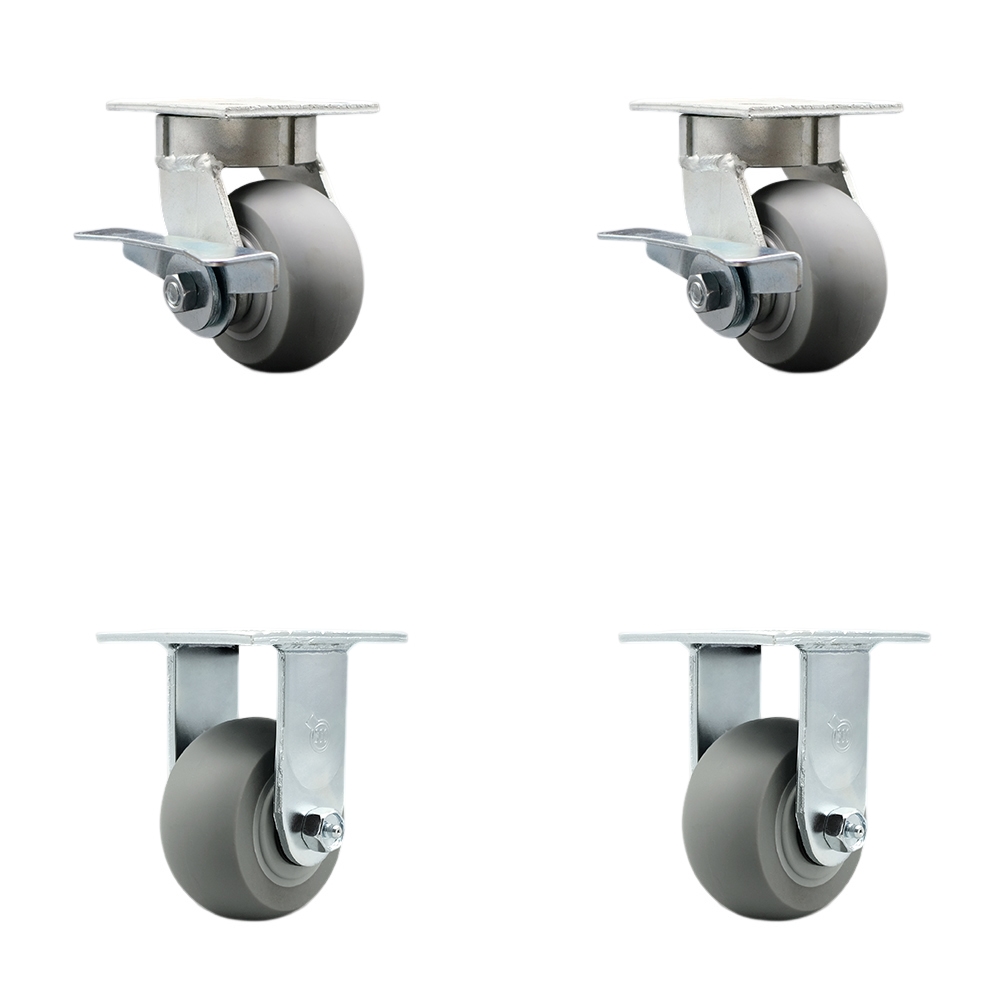 Kingpinless Thermo Rubber Donut Tread Swivel Top Plate Caster Set of 4 w/4" x 2" Gray Wheels - Includes 2 Swivel with Brakes & 2 Rigid - 1200 lbs Total Capacity - Service Caster Brand — photo 1