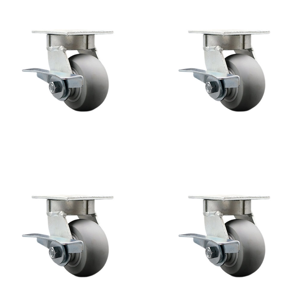 Kingpinless Thermo Rubber Donut Tread Swivel Top Plate Caster Set of 4 w/4" x 2" Gray Wheels - Includes 4 Swivel w/Side Lck Brakes - 1200 lbs Total Capacity - Service Caster Brand — photo 1