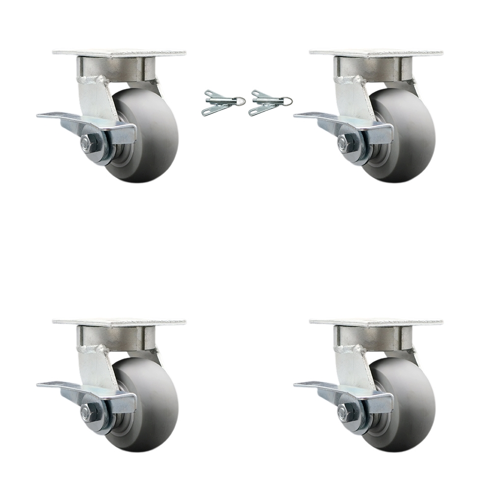 Kingpinless Thermo Rubber Donut Tread Swivel Top Plate Caster Set 4 w/4" x 2" Gray Wheels-Includes 2 Swivel with Brakes and Bolt on Swvl Lcks&2 Swvl with Brakes-1200lbs Total Cpty-Service Caster Brand — photo 1