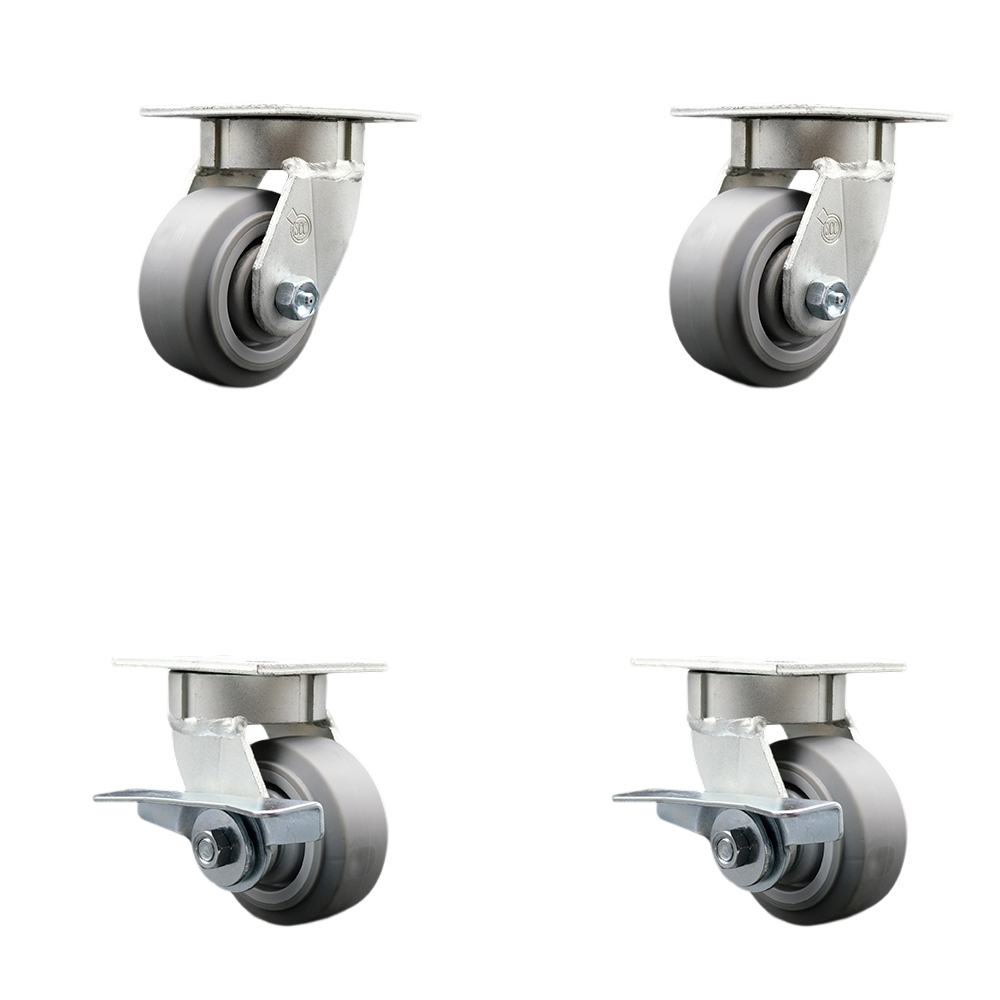 Heavy Duty Kingpinless Swivel Caster Set of 4 with 4 Inch Thermoplastic Rubber Flat Tread Wheels and Ball Bearings-Includes 2 Swivel with Brakes&2 Swivel-1,200lbs. Total Capacity- Service Caster Brand — photo 1