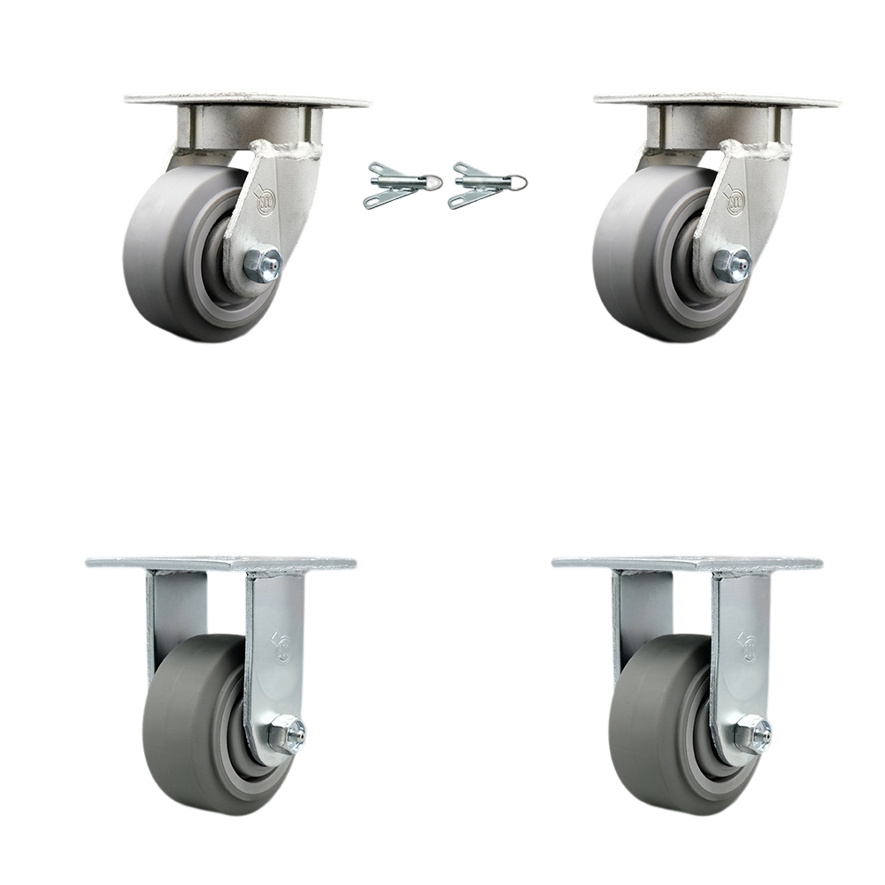 Kingpinless Thermo Rubber Flat Tread Swivel Top Plate Caster Set of 4 w/4" x 2" Gray Wheels - Includes 2 Swivel with Bolt on Swivel Locks & 2 Rigid - 1200 lbs Total Capacity - Service Caster Brand — photo 1