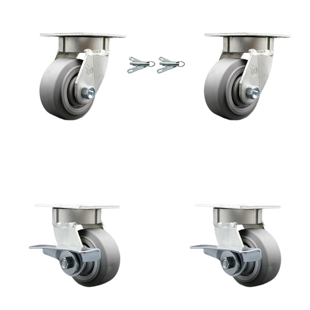 Kingpinless Thermo Rubber Flat Tread Swivel Top Plate Caster Set of 4 w/4" x 2" Gray Wheels - Includes 2 Swivel with Bolt on Swivel Locks&2 Swivel with Brakes-1200lbs Total Cpty - Service Caster Brand — photo 1