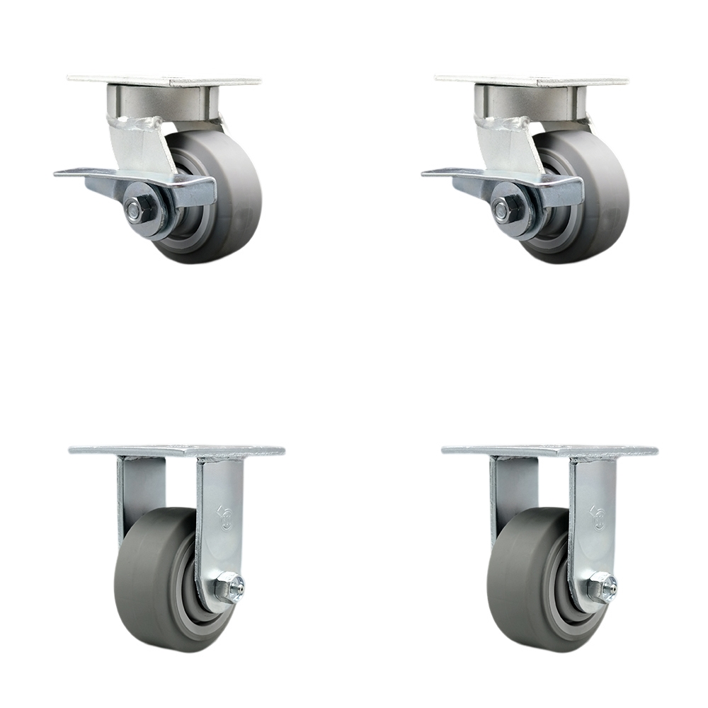 Kingpinless Thermo Rubber Flat Tread Swivel Top Plate Caster Set of 4 w/4" x 2" Gray Wheels - Includes 2 Swivel with Brakes & 2 Rigid - 1200 lbs Total Capacity - Service Caster Brand — photo 1