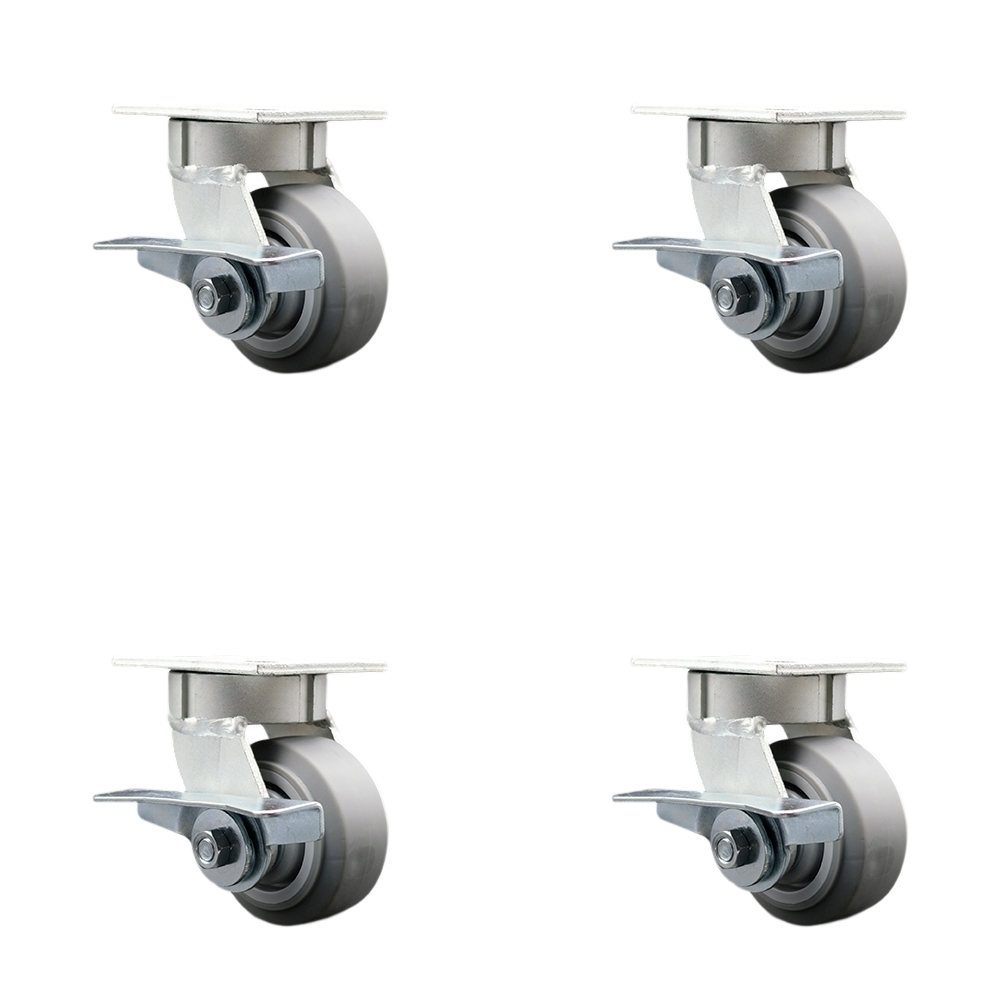 Kingpinless Thermo Rubber Flat Tread Swivel Top Plate Caster Set of 4 w/4" x 2" Gray Wheels - Includes 4 Swivel w/Side Lck Brakes - 1200 lbs Total Capacity - Service Caster Brand — photo 1