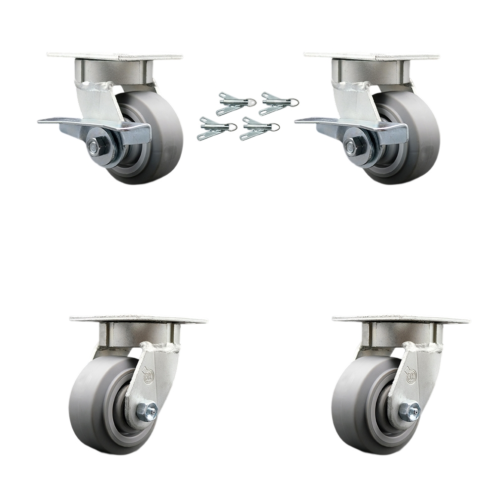 Heavy Duty Kingpinless Swivel Caster Set with 4 Inch Thermoplastic Rubber Flat Tread Wheels and Ball Bearing-Include 2 Swivel with Brake&Swivel Lock and 2 Swivel with Swivel Lock- Service Caster Brand — photo 1