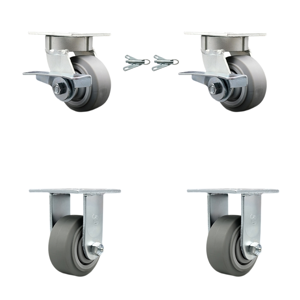 Heavy Duty Kingpinless Swivel Caster Set of 4 with 4 Inch Thermoplastic Rubber Flat Tread Wheels and Ball Bearings - Includes 2 Swivel with Brakes and Swivel Locks and 2 Rigid - Service Caster Brand — photo 1