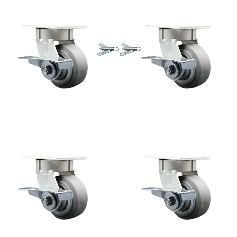 Kingpinless Thermo Rubber Flat Tread Swivel Top Plate Caster Set 4 w/4" x 2" Gray Wheels-Includes 2 Swivel with Brakes and Bolt on Swvl Locks&2 Swvl with Brakes-1200lbs Total Cpty-Service Caster Brand — photo 1