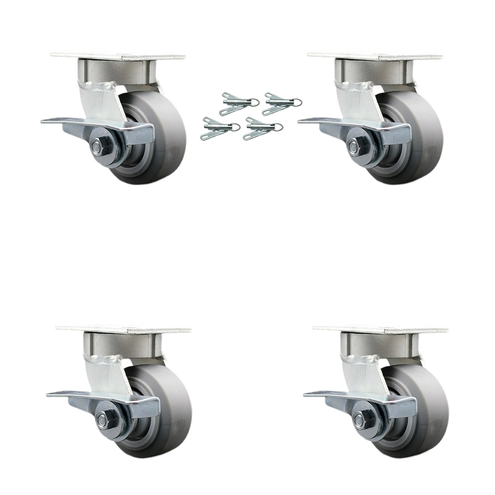 Kingpinless Thermo Rubber Flat Tread Swivel Top Plate Caster Set of 4 w/4" x 2" Gray Wheels - Includes 4 Swivel w/Side Lck Brakes & Bolt on Swivel Locks - 1200lbs Total Capacity - Service Caster Brand — photo 1