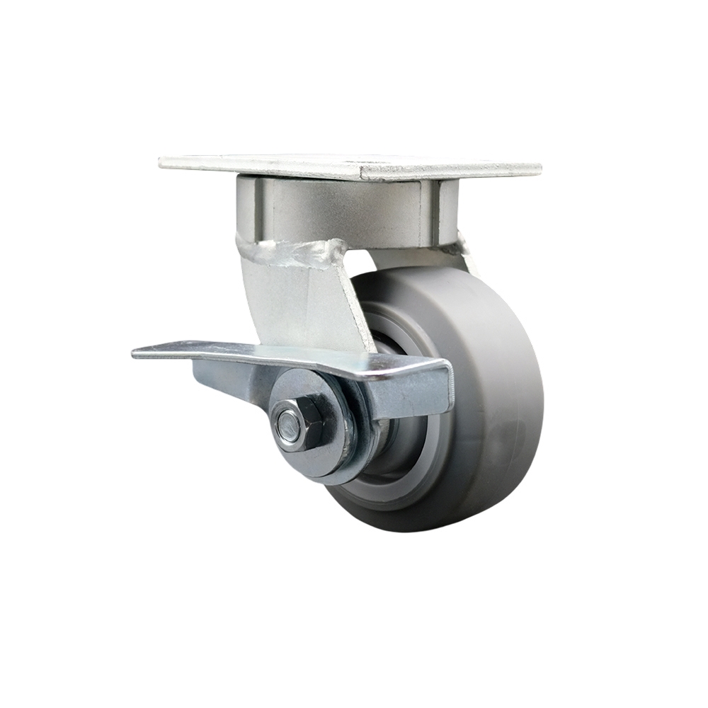 Kingpinless Thermo Rubber Flat Tread Swivel Top Plate Caster w/4" x 2" Gray Wheel & Side Lck Brake - 300 lbs Capacity/Caster - Service Caster Brand — photo 1