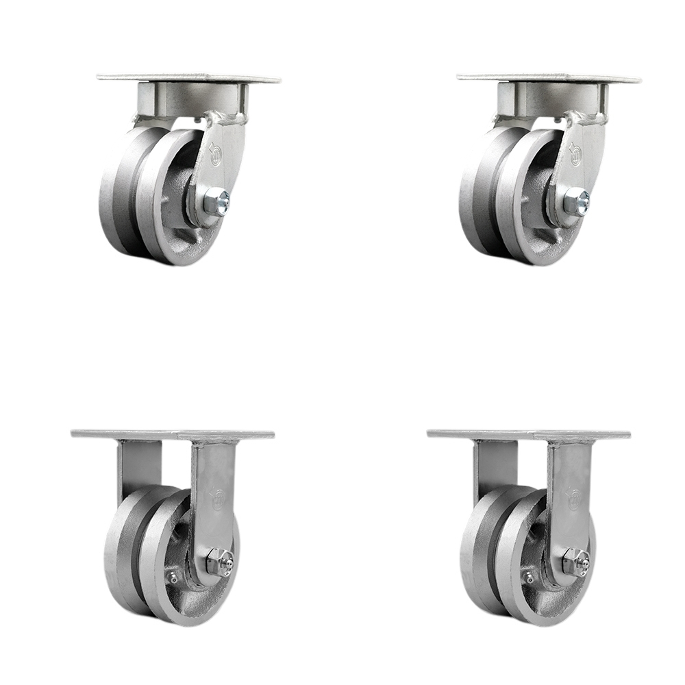 Heavy Duty Kingpinless Swivel Caster Set of 4 with 4 Inch V-Groove Semi Steel Cast Iron Wheels and Ball Bearings - Includes 2 Swivel and 2 Rigid - 3,200 lbs. Total Capacity - Service Caster Brand — photo 1